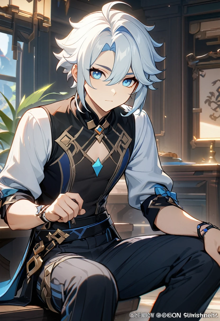 1 male, short hair, white hair, blue eyes, teenager, xiao (genshin impact) outfit, (best quality,4k,highres,masterpiece:1.2), fantasy
