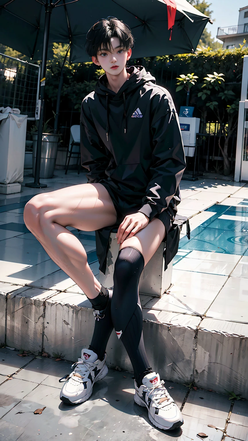 boy , tall volleyball player,Front view,muscular,Bodybuilding,Slender legs,Broad shoulders,blue eyes, black hair color, Wear a white sweatshirt, Wear black sports shorts, Wear white sneakers, Cute and delicate face,Surprised face, Surprised eyes, Eyes look forward, From the front, Sitting, Sit in the shade and rest, tree shadow, Beautiful Weather, noon,White skin, Rest area next to the jogging ground, Very detailed content, best graphic, 8k, Super sharp, masterpiece