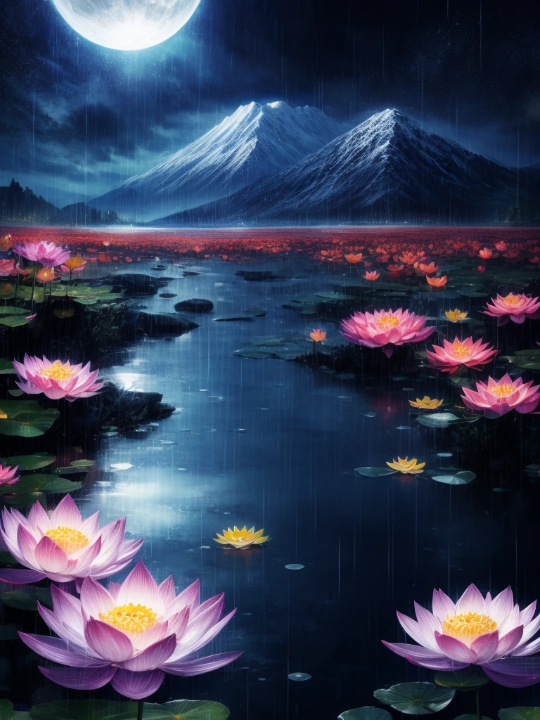 natta, Only moonlight illuminates, Meniscus, mountain in the distance, Beautiful big lotus nearby, Big red lotus, There is running water next to it, frogs, Summer is full of joy, The crescent moon and stars in the sky are mixed together, amazing wallpapers, raining night, rainy night, Beautiful and beautiful, cinematic ligh, high detal ((heavy rain poured))), 8K