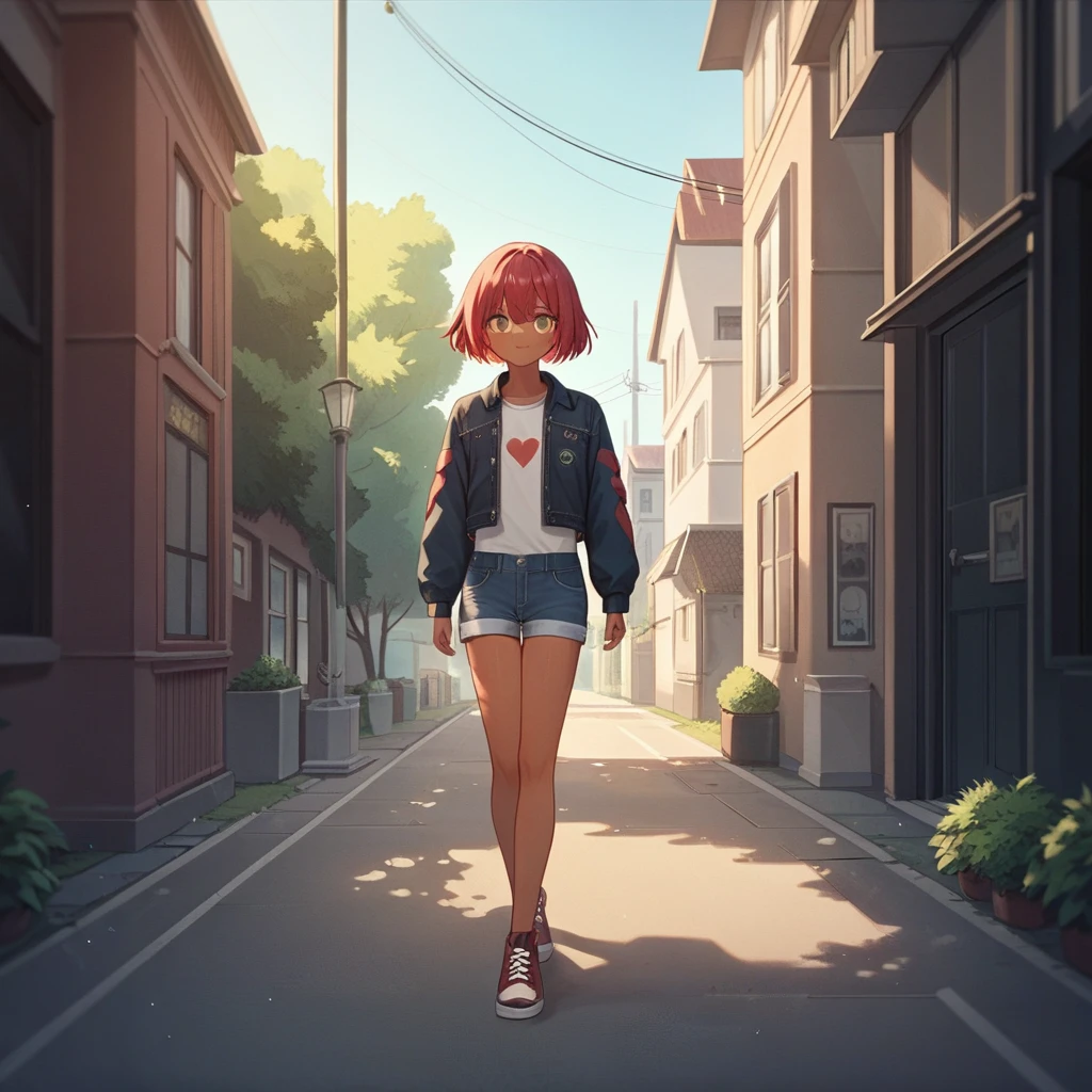 Anime style, best quality, very aesthetic, ultra-detailed, best illustration, girl with red bob cut hair, casual denim jacket, age 15, tanned skin, walking away from friend at crosswalk