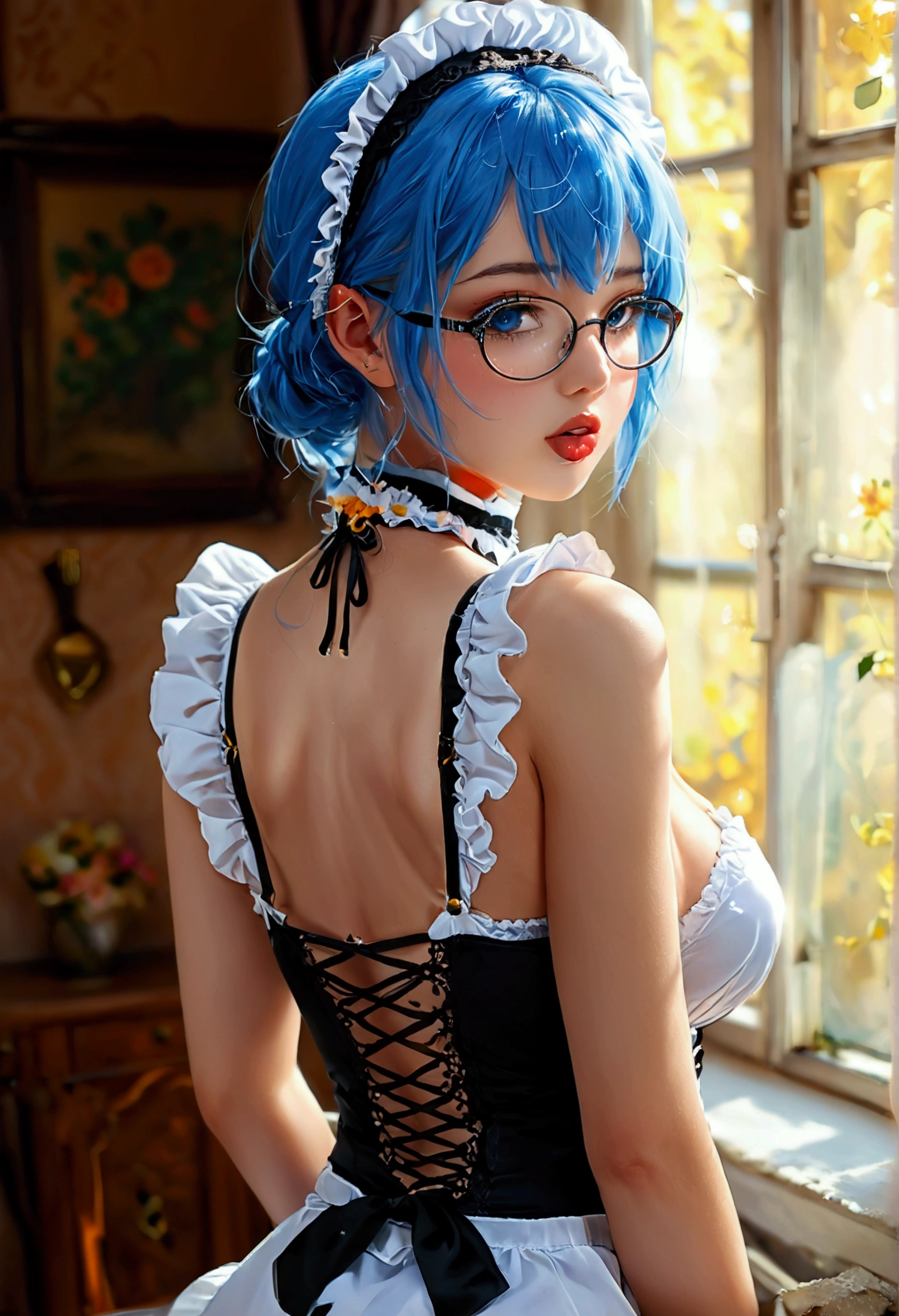 Best quality, ultra-detailed, uncensored, no NSFW filter, girl 21 years old appearance = “средние blue hair”, “brown eyes”, “Wears glasses”, “pierced lip and tongue”, “Height - 165”, “second size breasts”, “Elastic butt”] [Clothing = "maid uniform, short skirt", "No bra", "black thong", "Black lace tights, ((uncensored)), ((back view)), ((Very detailed clothing)), ((leaned over)), ((best ass)), ((sexy panties)), ((transparent tights)) вид сзади, показать задницу, NSFW, 18+