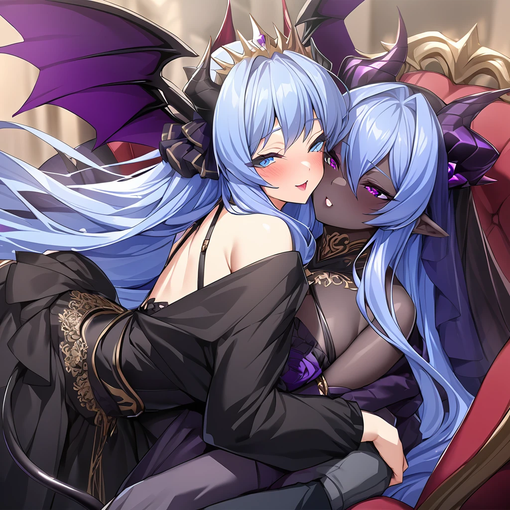 ((Highest quality)), ((masterpiece)), (detailed), (Perfect Face)、The woman is hugging, kissing and having sex with the great and powerful evil demon king man.、The woman is a beautiful, jet-black female demon, the queen of evil, Devil Extia, with jet-black skin, medium-long blue hair, wearing a luxurious black wedding dress with gold embroidery and trim, a black wedding veil, an engagement ring, and luxurious accessories. She is an elegant, beautiful female demon, the queen of evil.、A great demon with jet black skin, impressive devil horns, devil wings and a devil tail.、The woman looks happy、The man is a great and powerful demon king.、The woman is being loved and loved by the majestic demon king.