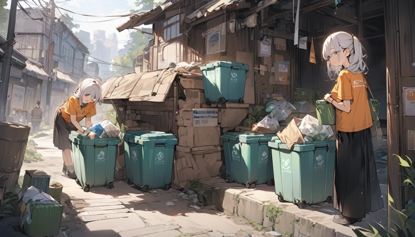 masterpiece, Highest quality, View your viewers,
Young people in their 20s placing solid waste containers in various locations.Volunteer Activities、A Kind World