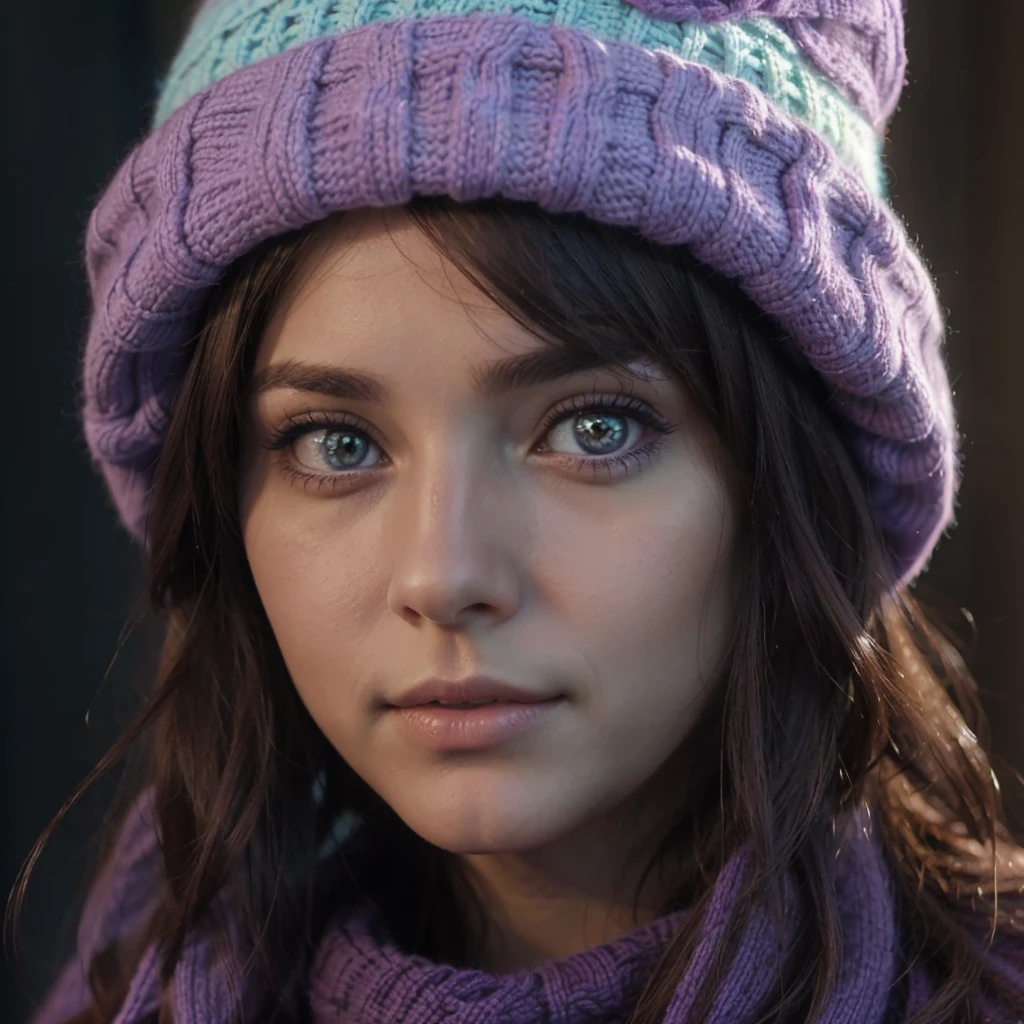 Photo, attractive young woman, detailed eyes, Argentine factions, purple and light blue wool cap, purple wool bow, Brown hair.