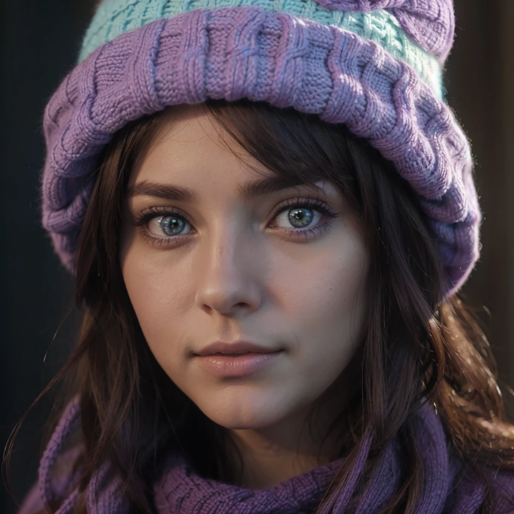 Photo, attractive young woman, detailed eyes, Argentine factions, purple and light blue wool cap, purple wool bow, Brown hair.