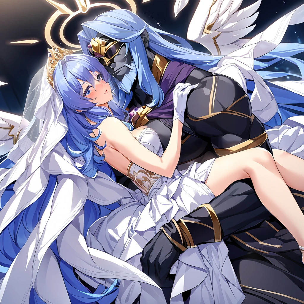 ((Highest quality)), ((masterpiece)), (detailed), (Perfect Face)、The woman is embracing, kissing, and making love to Zeus, the great, strong, bearded, old, naked chief god of Greek mythology, and having insemination sex on a luxurious bed in a luxurious bedroom in heaven.、Women are messengers of God and great angels.6An archangel and god with wings and a shining halo above his head.々The wife of Zeus, the king of the gods, the goddess Extia、The woman is the beautiful Queen of the Gods, Goddess Extia, with medium-long blue hair. She is wearing a gorgeous white wedding dress with gold embroidery and trim, a white wedding veil, an engagement ring, and gorgeous accessories. She is an elegant goddess and a beautiful queen of the gods.