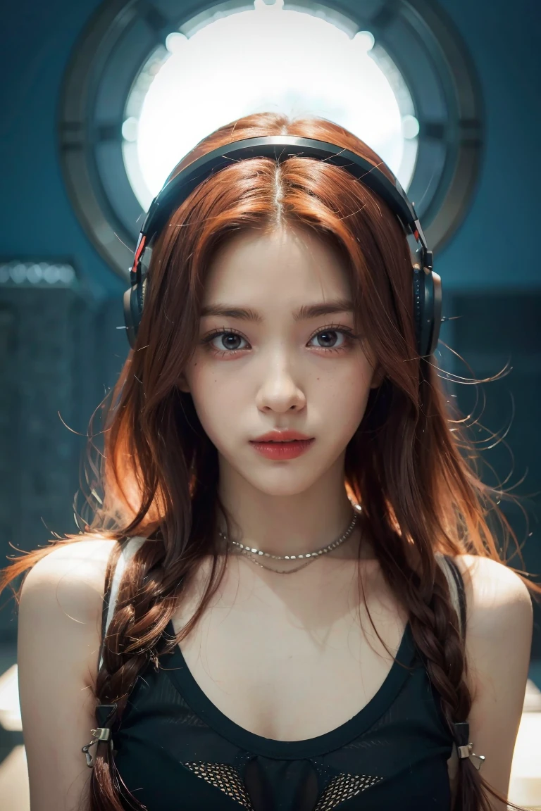 girl with long red hair, red eyes, futuristic vibes, mask on mouth, headphones, 8k, high quality, simple background, glowing eyes, nice pose