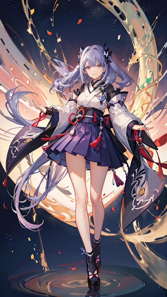 skinny girl, ultra high definition, very detailed, shuriken, shot, bundled hair, whole body, traditional Japanese outfit, short skirt, 23 years old, destroyed planet background, two tone hair (black, purple), Cheng'an, beautiful eyes, Adult