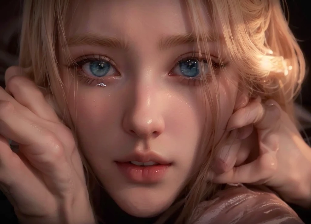 A girl with blonde hair with blue eyes and white gloves lying on a bed, extremely detailed artegerm, artegerm. High detail, guweiz style artwork, guweiz, beautiful cry! android woman, artegerm detailed, awesome anime face portrait, ! dream artegerm, artegerm. animated illustration, guweiz masterpiece