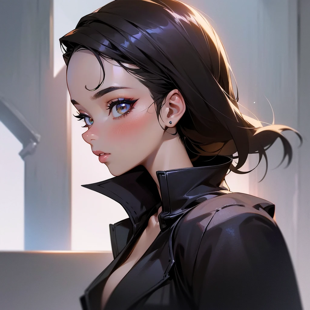 arafed woman with a black shirt and a black jacket, portrait sophie mudd, selfie of a young woman, tessa thompson inspired, with professional makeup, glowy, profile image, sexy face with full makeup, detailed flawless face, sultry look, perfectly lit face, headshot profile picture, light skin, ayahausca, with brown skin
