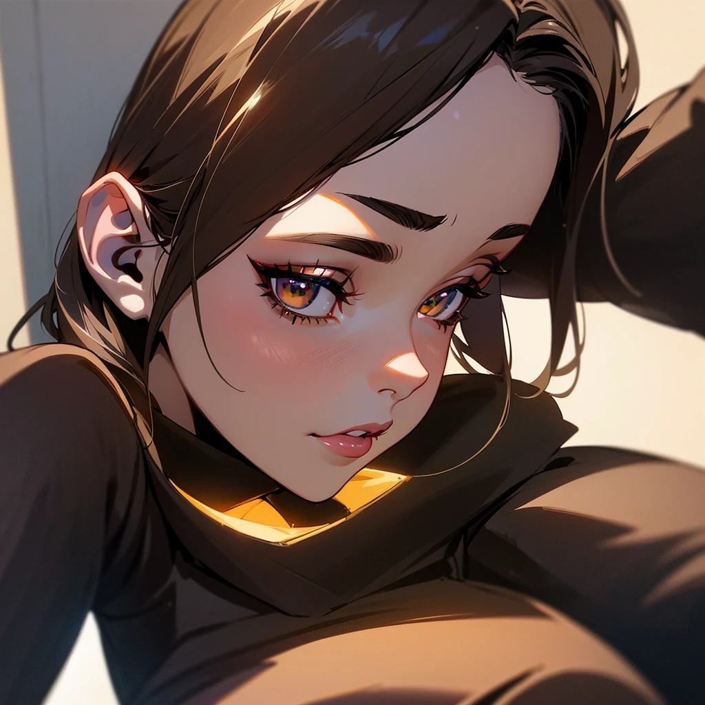 arafed woman with a black shirt and a black jacket, portrait sophie mudd, selfie of a young woman, tessa thompson inspired, with professional makeup, glowy, profile image, sexy face with full makeup, detailed flawless face, sultry look, perfectly lit face, headshot profile picture, light skin, ayahausca, with brown skin