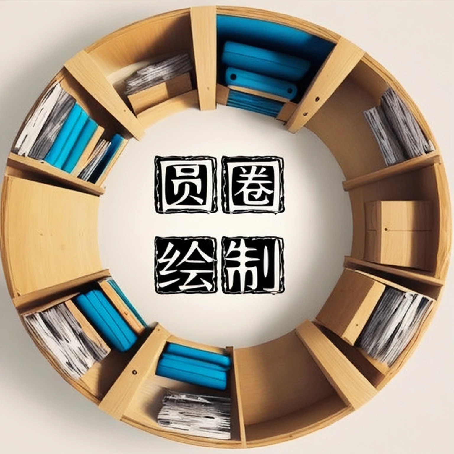 3D effect,logo,reality,HD,Mechanical feel,有一个圆形的bookshelf,There are many books on it, Chinese text, bookshelf, overlaid with Chinese text, bookshelf, Everything that is circled, by Wang Yi, 螺旋形bookshelf上摆满了书籍, Ghost Festival, bookcase, author:Sengai, by Chen Daofu, jin shan, by Li Zai, Asian Interior Decoration