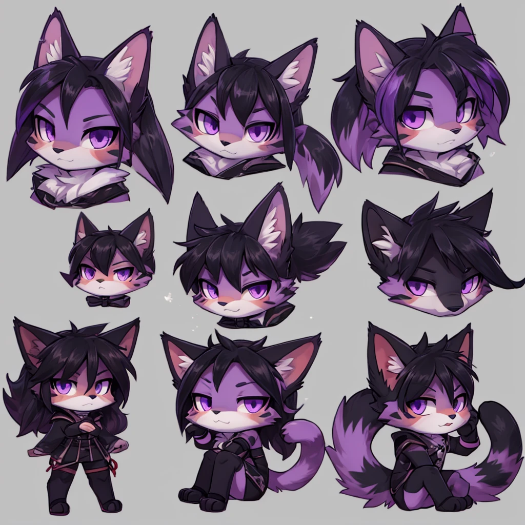 Generate an image from a ,with cat ears,wavy black fur,sharp purple eyes,generate a png image of tuber with other expressions in chibi format