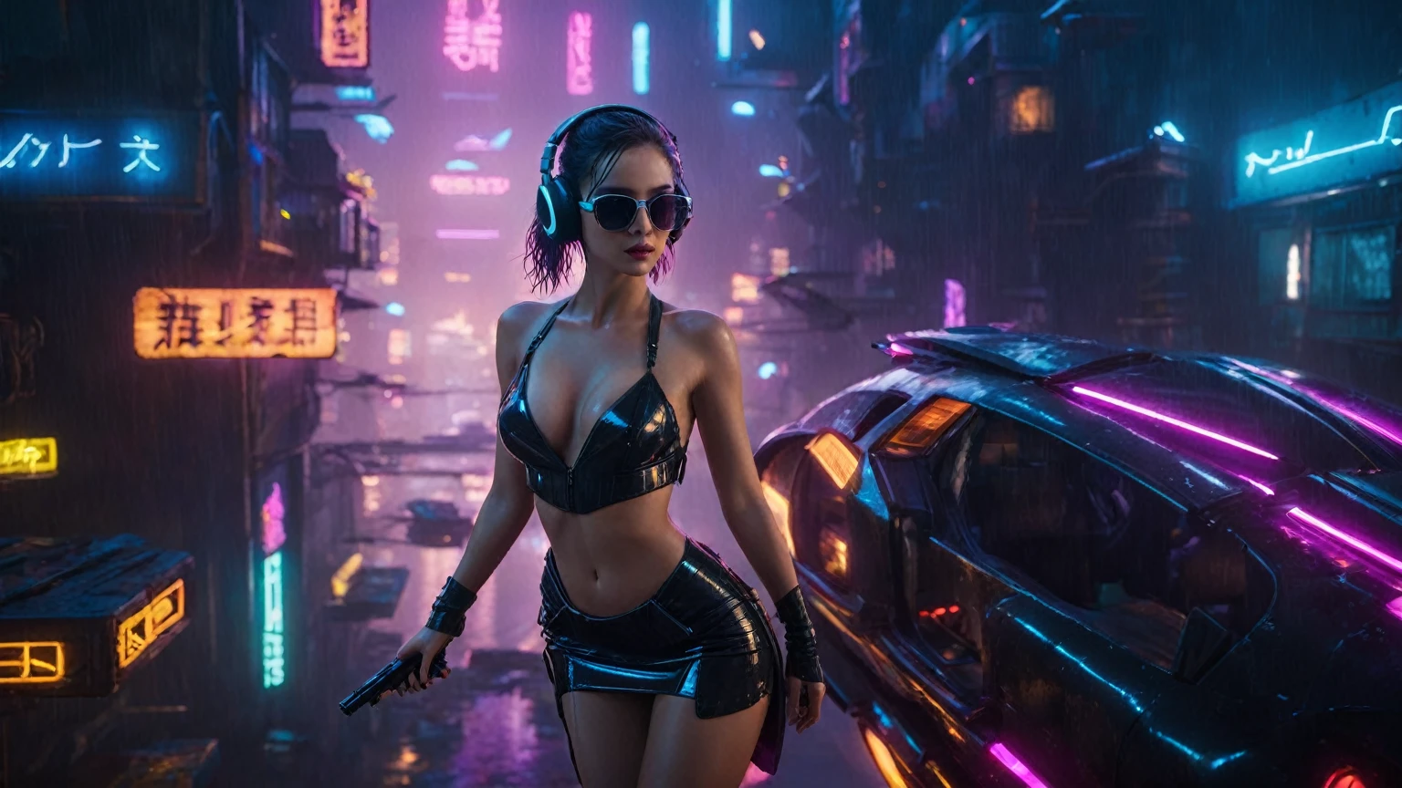 (aerial view, a flying cars docking platform, a very dark abandoned futuristic city, neon lights), rainy night. 1girl, solo, alone, large-breast:1.2 slim body, cleavage:1.1, sexy wind blowing wet dress:1.4, (headphone, black sunglasses), (((((she raised:1.8 a pistol:1.8 and took aim at viewer))))), dynamic pose, (((half-body thigh level medium shot))), cinematic lighting, lens flare, ray tracing.