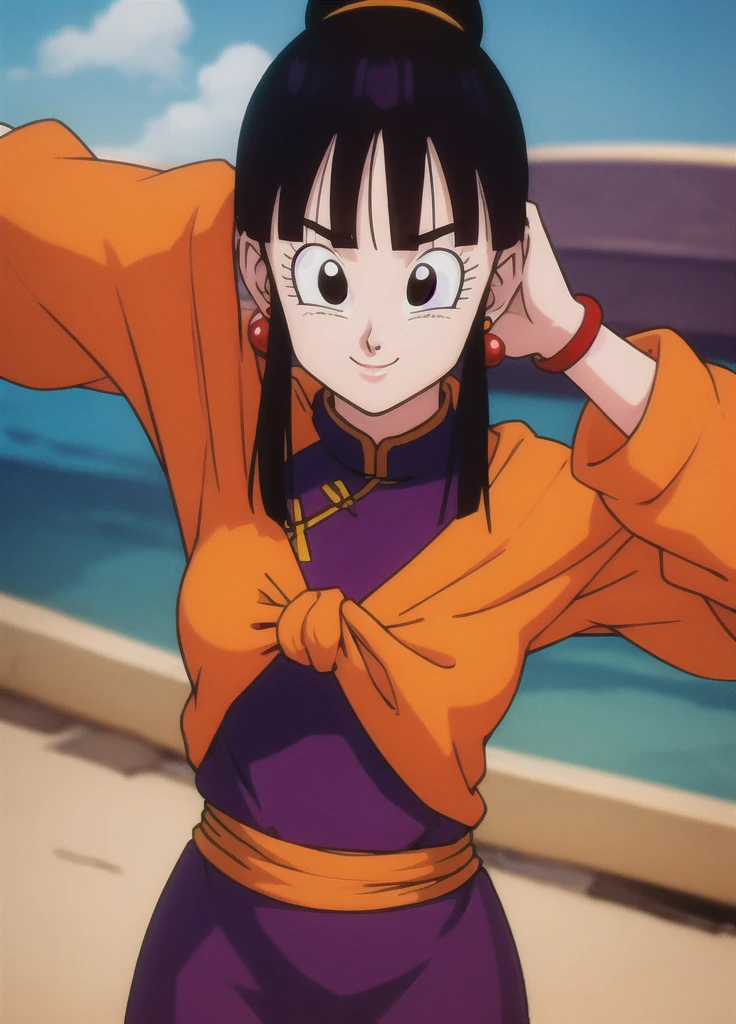 masterpiece, best quality, highest quality, photorealistic, perfect anatomy, perfect face, perfect eyes,
dbzch1ch1, sidelocks, bangs, single hair bun, hair bun, (black eyes), orange pashmina wrap, red sphere earrings , red wristbands, purple cheongsam, sexy  pose