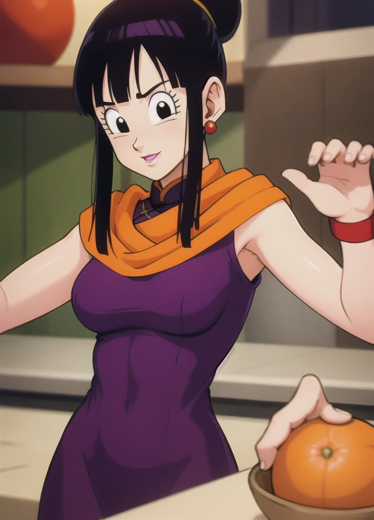 masterpiece, best quality, highest quality, photorealistic, perfect anatomy, perfect face, perfect eyes,
dbzch1ch1, sidelocks, bangs, single hair bun, hair bun, (black eyes), orange pashmina wrap, red sphere earrings , red wristbands, purple cheongsam, sexy  pose