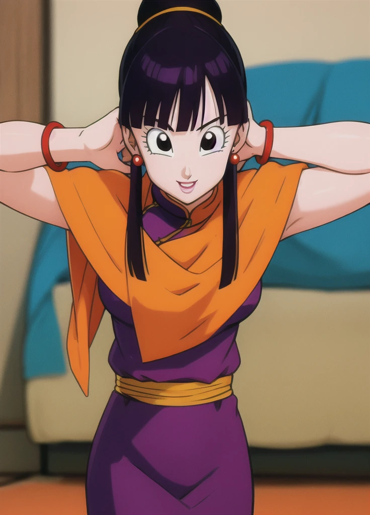 masterpiece, best quality, highest quality, photorealistic, perfect anatomy, perfect face, perfect eyes,
dbzch1ch1, sidelocks, bangs, single hair bun, hair bun, (black eyes), orange pashmina wrap, red sphere earrings , red wristbands, purple cheongsam, sexy  pose