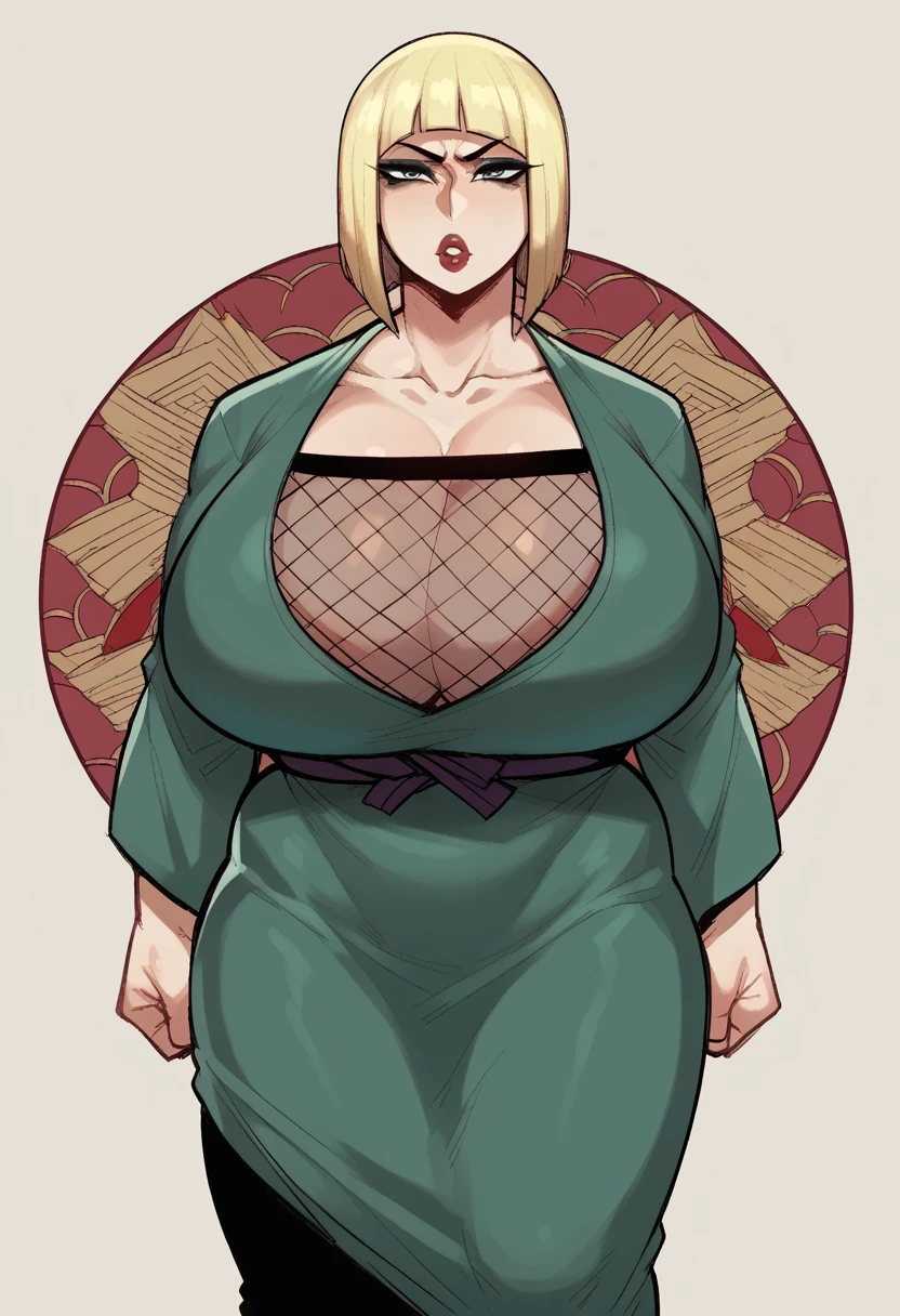 score_9, score_8_up, score_7_up, score_6_up, score_5_up, score_4_up, BREAK 1girl, ((muscular body:1)), intricate, kimono, (eyeliner:1.2), looking at viewer, bob hairstyle, blonde, jewelry, detailed background,huge breasts (masterpiece, high quality:1), fishnet under dress
