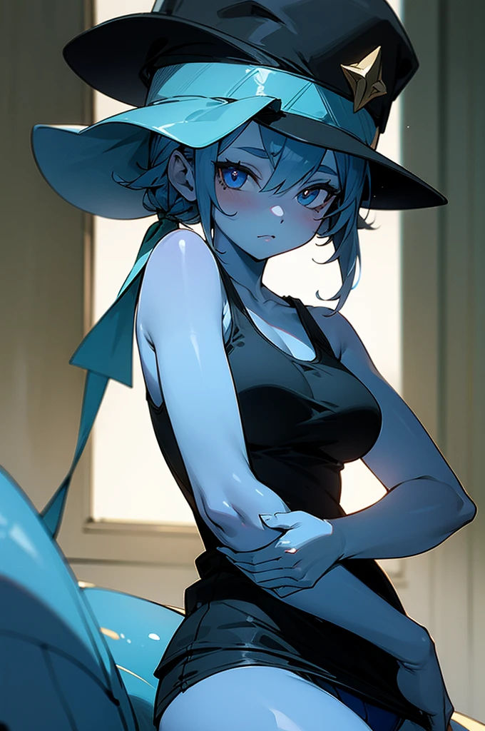 Cute girl, Smurf hat, blue skin, black tank top, panties, big 