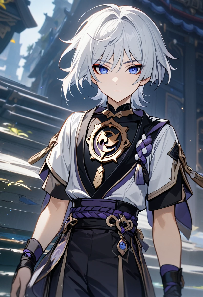 1 male, short hair, white hair, blue eyes, scaramouche (genshin impact) outfit, (best quality,4k,highres,masterpiece:1.2), fantasy