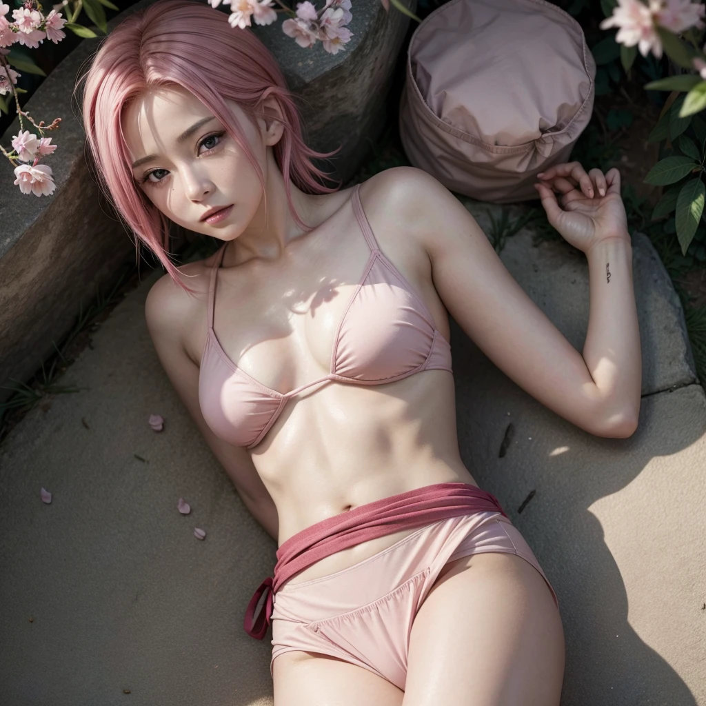 sakura Haruno ,very detailed,8k image,thin waist,flat stomach,natural breasts,huge frame,sexy figure,no nudity in the image,top view,she lying on a grass,