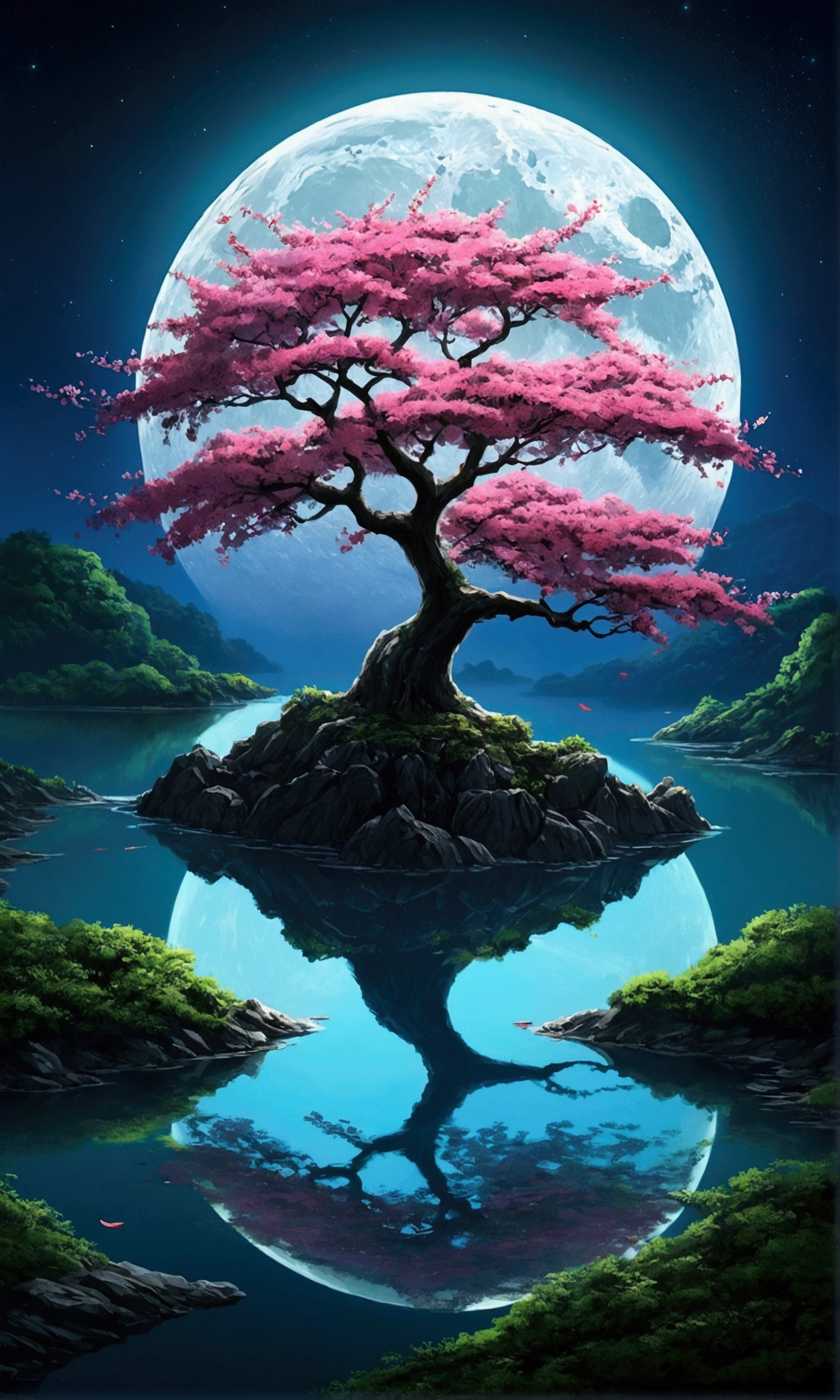 anime landscape, a cherry tree, in the center of a small island, surrounded by a lagoon, inside a lush forest, on the night of the full moon