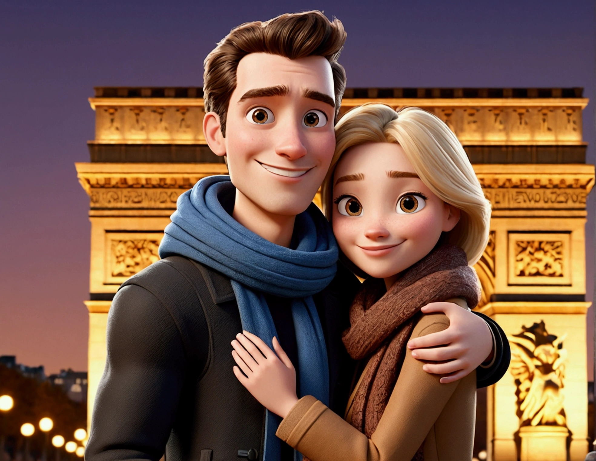 Cartoon character of a tall man 27 years old, smiling happy in black coat animation character, hugging a 24-year-old woman with long, blonde hair and a small stature, smiling happily in brown coat and scarf, in front of the Arc de Triomphe in Paris. stylized character, animation style rendering, 3d stylized, Arnold Maya rendering, Stylized 3D rendering, toon render screenshot, 3d character, 3d character, Stylized 3D rendering, 3D character rendering, cartoon character, Personagem de close up, showing half body, photo orientation horizontally (Pixar-style) (master part:1.2) (bokeh) (best qualityer) (skin detailed) (detailed texture) (8k) (Argilla) (cinematic lighting) (sharp focus
