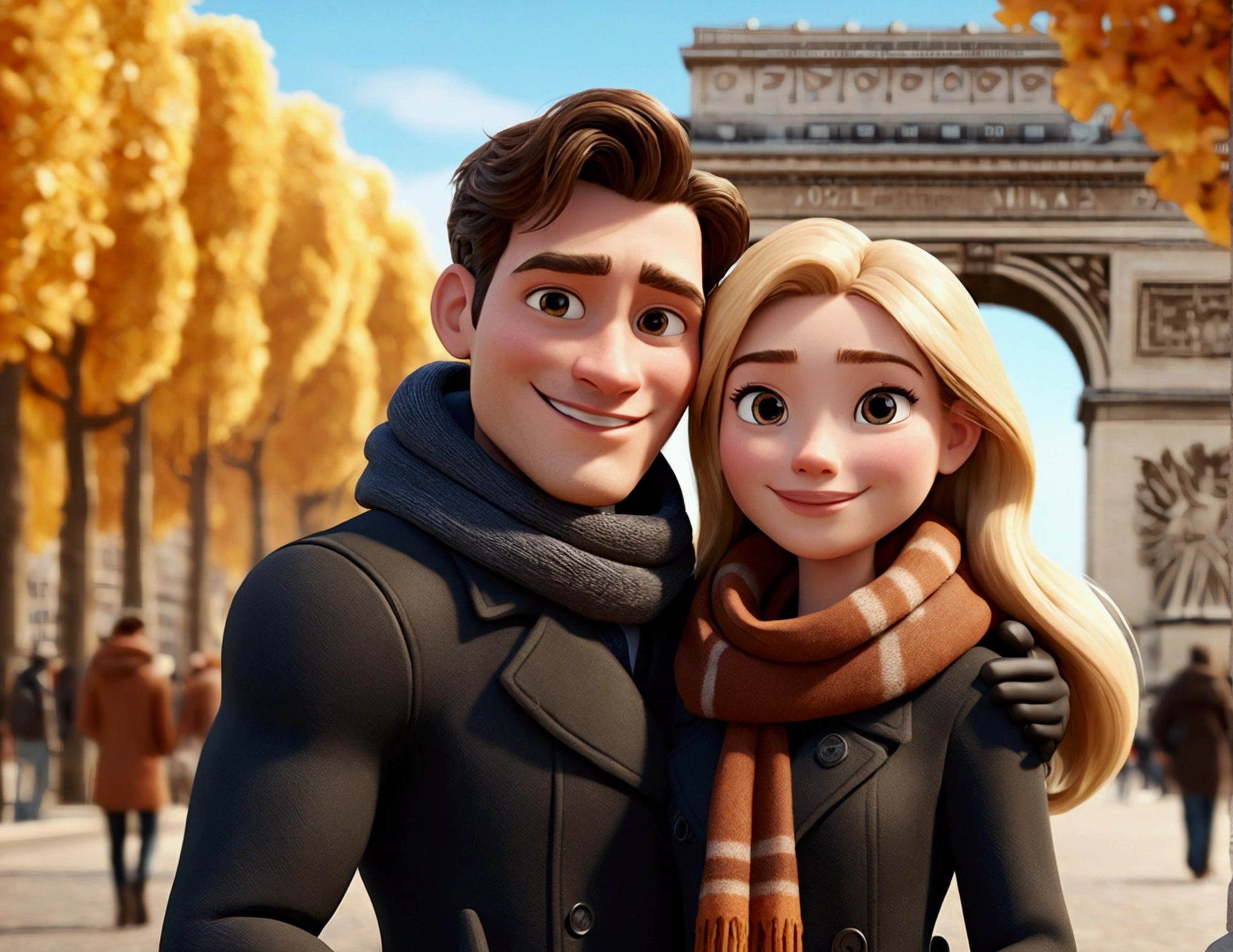 Cartoon character of a tall man 27 years old, smiling happy in black coat animation character, hugging a 24-year-old woman with long, blonde hair and a small stature, smiling happily in brown coat and scarf, in front of the Arc de Triomphe in Paris. stylized character, animation style rendering, 3d stylized, Arnold Maya rendering, Stylized 3D rendering, toon render screenshot, 3d character, 3d character, Stylized 3D rendering, 3D character rendering, cartoon character, Personagem de close up, showing half body, photo orientation horizontally (Pixar-style) (master part:1.2) (bokeh) (best qualityer) (skin detailed) (detailed texture) (8k) (Argilla) (cinematic lighting) (sharp focus
