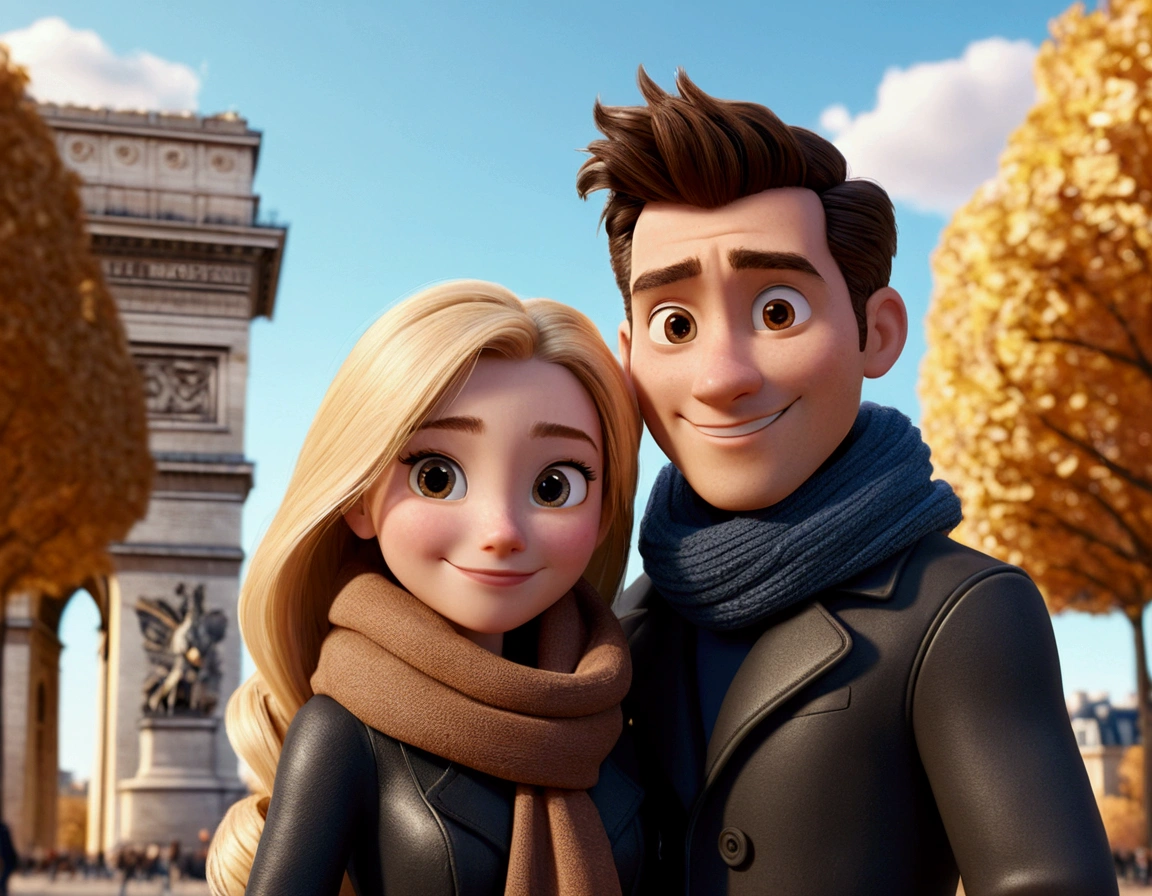 Cartoon character of a tall man 27 years old, smiling happy in black coat animation character, hugging a 24-year-old woman with long, blonde hair and a small stature, smiling happily in brown coat and scarf, in front of the Arc de Triomphe in Paris. stylized character, animation style rendering, 3d stylized, Arnold Maya rendering, Stylized 3D rendering, toon render screenshot, 3d character, 3d character, Stylized 3D rendering, 3D character rendering, cartoon character, Personagem de close up, showing half body, photo orientation horizontally (Pixar-style) (master part:1.2) (bokeh) (best qualityer) (skin detailed) (detailed texture) (8k) (Argilla) (cinematic lighting) (sharp focus