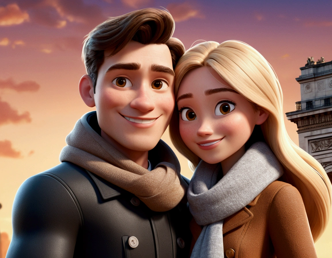 Cartoon character of a tall man 27 years old, smiling happy in black coat animation character, hugging a 24-year-old woman with long, blonde hair and a small stature, smiling happily in brown coat and scarf, in front of the Arc de Triomphe in Paris. stylized character, animation style rendering, 3d stylized, Arnold Maya rendering, Stylized 3D rendering, toon render screenshot, 3d character, 3d character, Stylized 3D rendering, 3D character rendering, cartoon character, Personagem de close up, showing half body, photo orientation horizontally (Pixar-style) (master part:1.2) (bokeh) (best qualityer) (skin detailed) (detailed texture) (8k) (Argilla) (cinematic lighting) (sharp focus