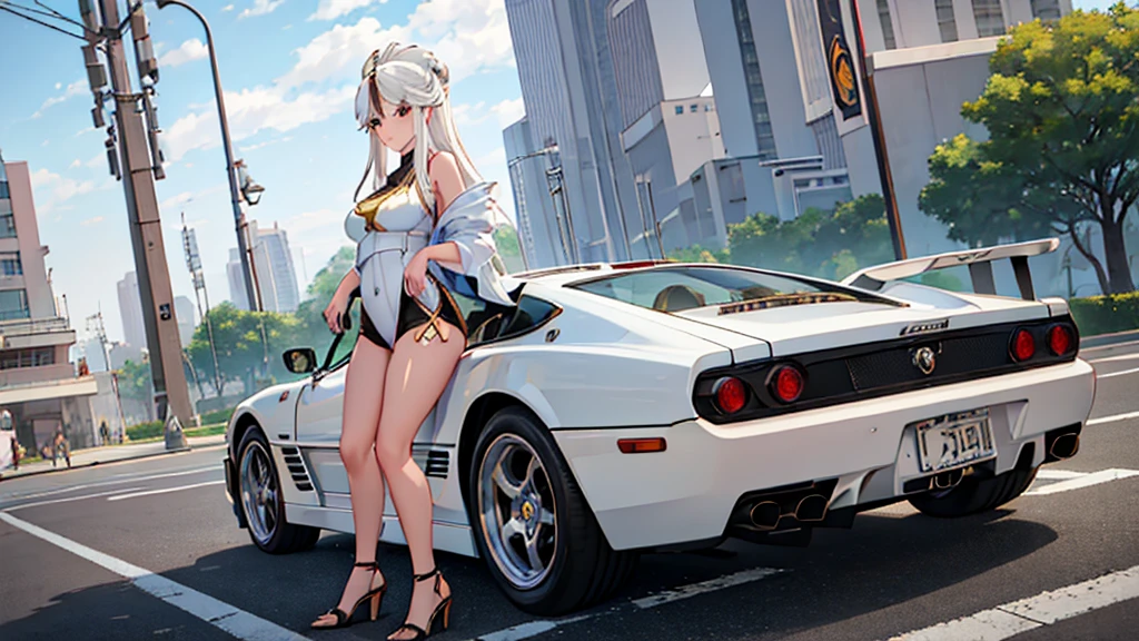 1girl, solo, full body, ningguang from genshin impact stands next to her white vintage Ferrari Testarossa, plain white background, image inspired by genshin impact, highly detailed and intricate details, ningguang_genshin, vintage supercar, looking at viewer, standing, girl standing next to car, masterpiece, best quality, beautiful lighting, wide panoramic shot, white outfit, white color car, absurdres, high res, ultrasharp, 8K, masterpiece, looking at viewer