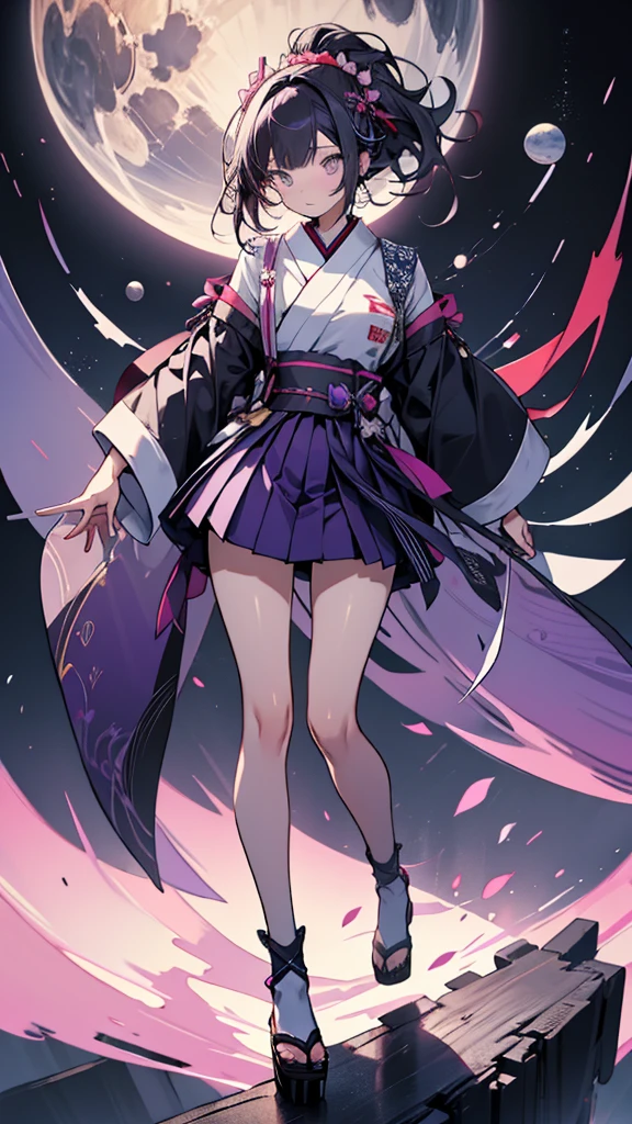skinny girl, ultra high definition, very detailed, shuriken, shot, bundled hair, whole body, traditional Japanese outfit, short skirt, 23 years old, destroyed planet background, two tone hair (black, purple), Cheng'an, beautiful eyes, Adult