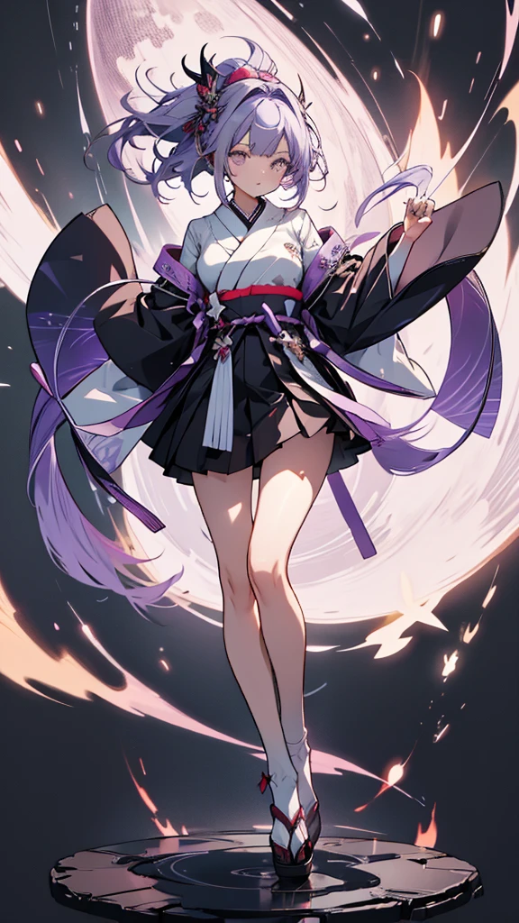 skinny girl, ultra high definition, very detailed, shuriken, shot, bundled hair, whole body, traditional Japanese outfit, short skirt, 23 years old, destroyed planet background, two tone hair (black, purple), Cheng'an, beautiful eyes, Adult