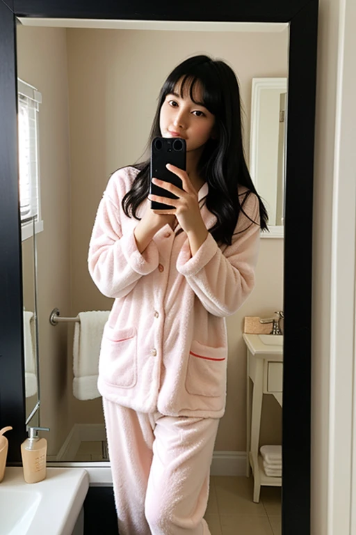 Photo of a black-haired girl taking a photo in the full-length mirror of a bathroom in pajamas where her face cannot be seen