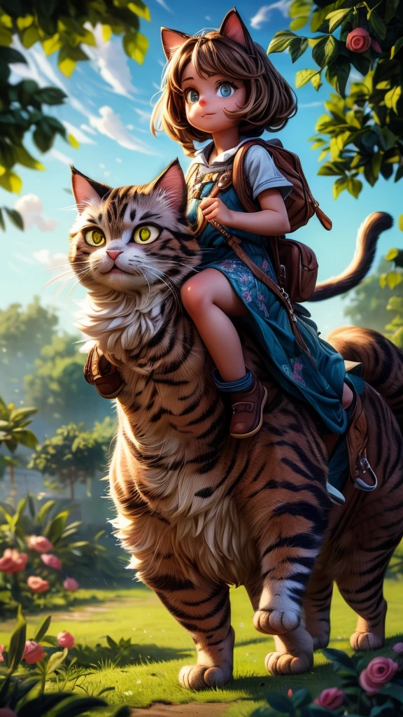 A huge cat, carrying a girl on its back, running to school, detailed fur, detailed eyes, detailed face, ornate background, 8k, high quality, photorealistic, intricate details, masterpiece, vibrant colors, natural lighting, fantasy, magical realism, whimsical