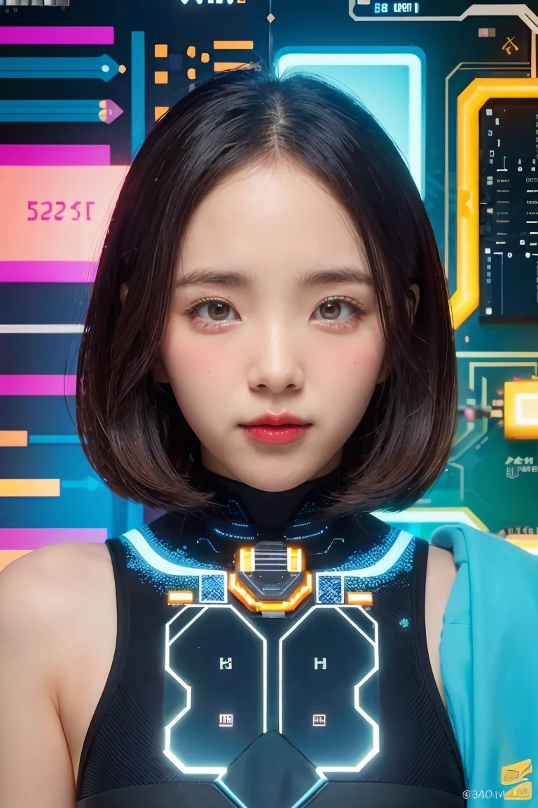 An image that shows the beauty of artificial intelligence, including symbols and circuits that overlap with an impressive palette of vibrant and captivating colors. 1girl