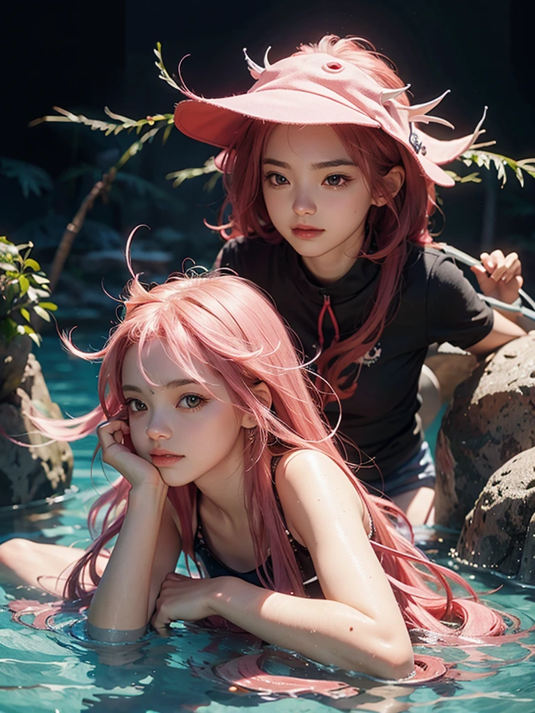 starrysky，beachside，Kizi，Straw Hat Hat，A pink-haired，sandbeach，swimming uniform --auto