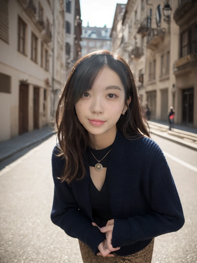 smile、night、RAW Photos、(((A portrait of ultimate beauty)))、((Glowing Skin))、1 girl、Beautiful 15 year old girl from Prague、Bright expression、((Brown haired))、(Cleavage)、(フレアskirt:1.5)、((Big eyes that shine like jewels))、Open cardigan、Open your clothes、pantyhose、Glowing Skin、(Medium Hair)、(Silky Ponytail Hair)、(standing)、(From below)、skirtの下、(下着をFrom belowクローズアップ)、eyeliner、Beautiful Bangs、Hair between the eyeasterpiece、最high quality、Ultra-detailed、Film Light、Intricate details、High resolution、Very detailed))、Detailed Background、8 time、Digital SLR、Soft Light、high quality、Film Grain、Fujifilm XT3 、Shallow depth of field、Natural soft light、Kamimei、Ample breasts、Knitted sweater、necklace、City、skirt、Take a full-body photo、Even your fingers are clearly visible、masterpiece、high resolution、High resolution