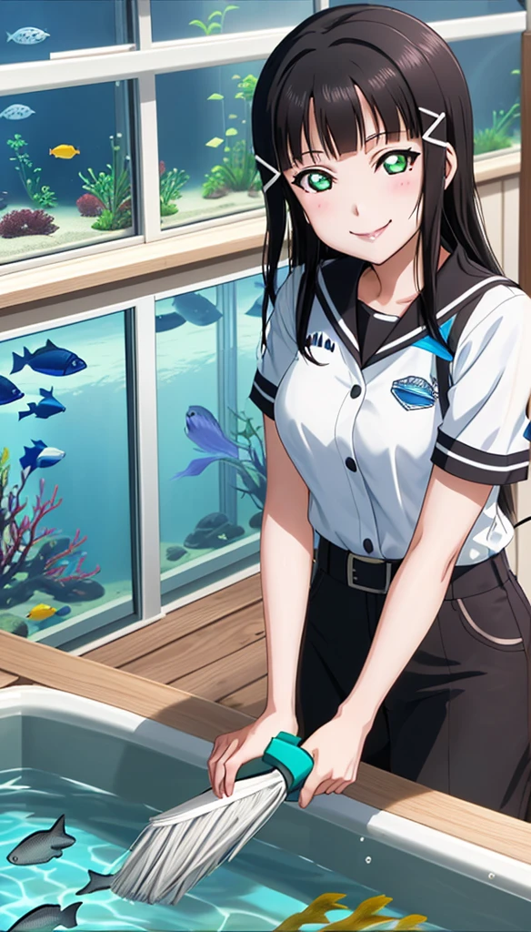 A scene featuring Dia Kurosawa from Love Live! Sunshine!!. She has long black hair and green eyes, smiling brightly. She's cleaning an aquarium, holding up a deck brush. The water splashes around her, sparkling in the light.
A character wearing an aquarium uniform.Smile Anime