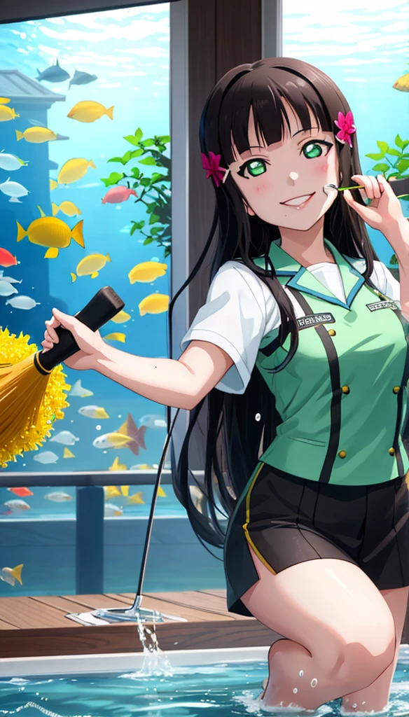 A scene featuring Dia Kurosawa from Love Live! Sunshine!!. She has long black hair and green eyes, smiling brightly. She's cleaning an aquarium, holding up a deck brush. The water splashes around her, sparkling in the light.
A character wearing an aquarium uniform.Smile Anime