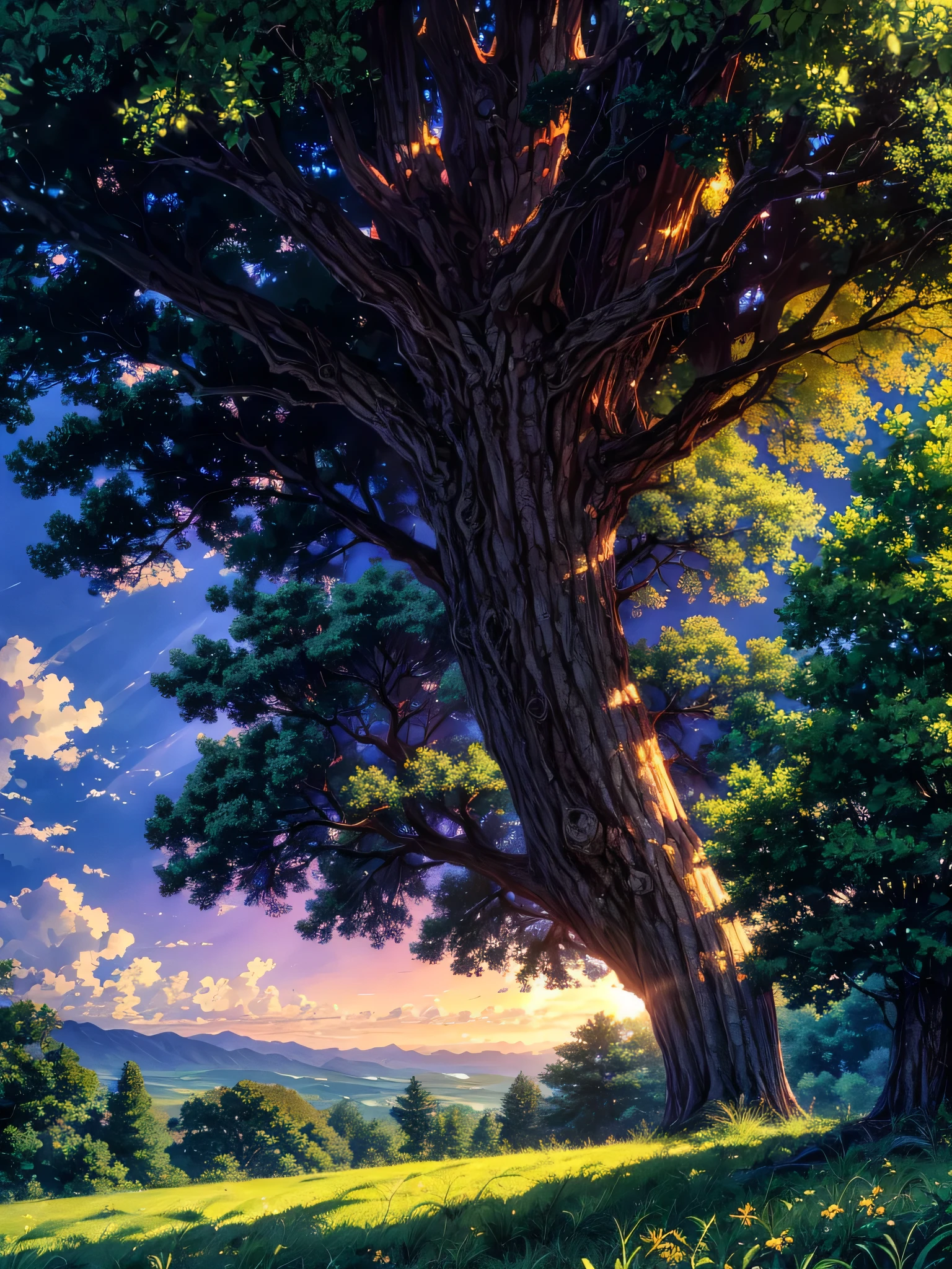 A magnificent, sprawling oak tree stands tall and proud in the center of a serene, sunlit meadow. The golden rays of the setting sun filter through its lush, green leaves, casting a warm, ethereal glow across the scene. The sky is a vivid mix of deep blue and soft orange hues, adorned with wispy, cotton-candy clouds catching the last light of day. The tree's massive, gnarled branches reach out like ancient, protective arms, with some leaves gently rustling in the soft breeze. The ground beneath is a mosaic of smooth rocks and patches of vibrant wildflowers in shades of pink, yellow, and purple. The atmosphere is tranquil and inviting, evoking a sense of peace and connection with nature. In the distance, rolling hills and dense clusters of trees add depth to the landscape, enhancing the feeling of being in a secluded, enchanted haven(far angle view)