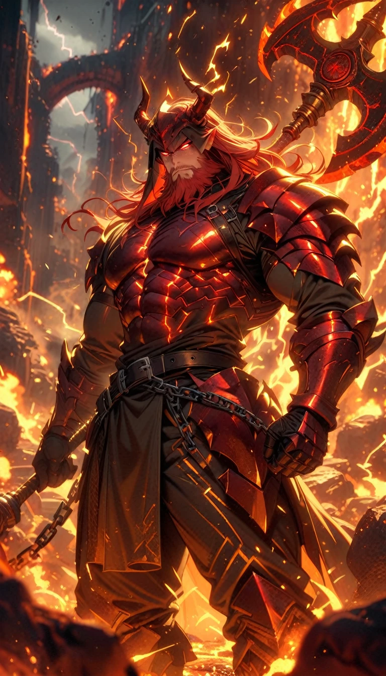 ((best quality)) , ((masterpiece)) , (detailed)，axe, 1boy, male focus, horns, glowing eyes, holding, beard, glowing, 独奏, weapon, holding axe, facial hair, muscular, fire, holding weapon, chain, looking at viewer, long hair, lightning, muscular male, red hair, horned helmet, armor, helmet, belt, fake horns, molten rock, feet out of frame, standing, battle axe, electricity,(((Chinese style)))