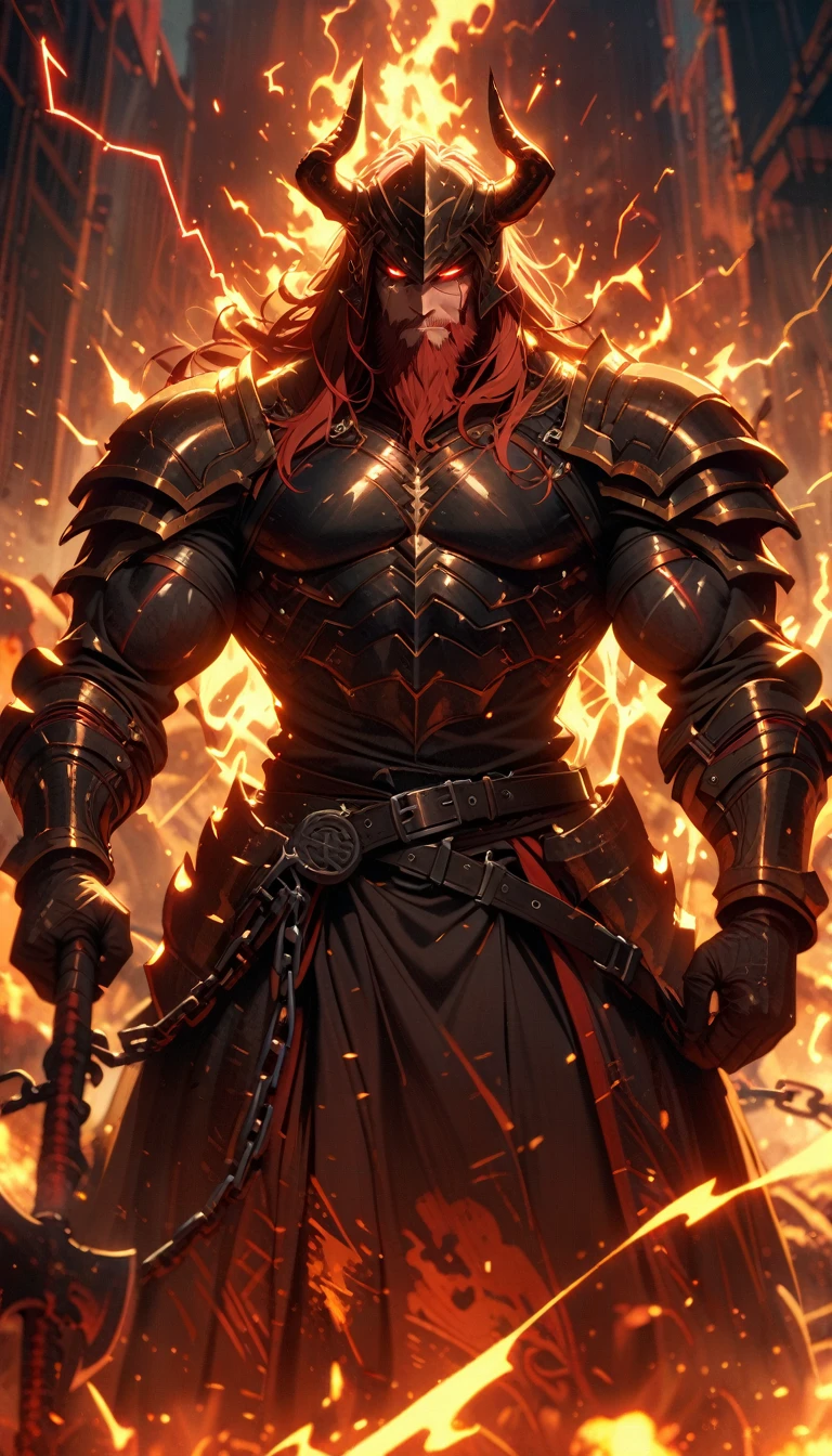 ((best quality)) , ((masterpiece)) , (detailed),axe, 1boy, male focus, horns, glowing eyes, holding, beard, glowing, 独奏, weapon, holding axe, facial hair, muscular, fire, holding weapon, chain, looking at viewer, long hair, lightning, muscular male, red hair, horned helmet, armor, helmet, belt, fake horns, molten rock, feet out of frame, standing, battle axe, electricity,(((Chinese style)))