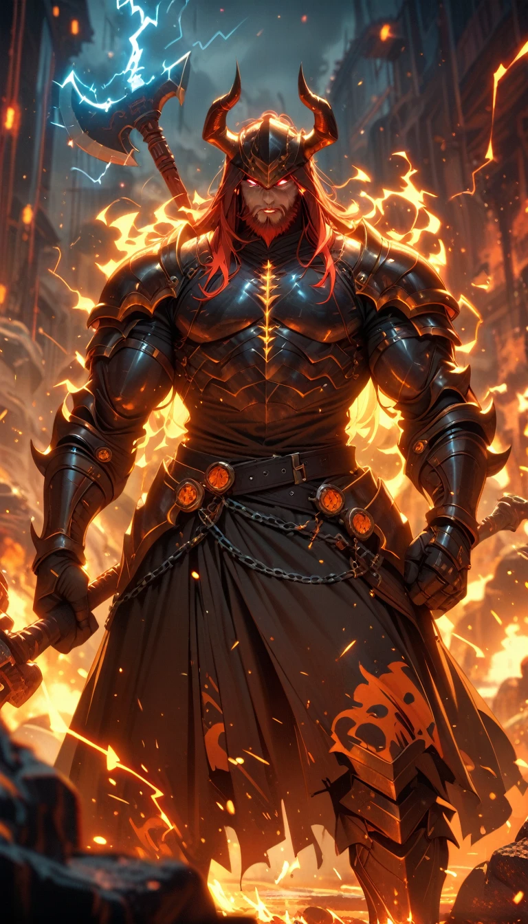 ((best quality)) , ((masterpiece)) , (detailed),axe, 1boy, male focus, horns, glowing eyes, holding, beard, glowing, 独奏, weapon, holding axe, facial hair, muscular, fire, holding weapon, chain, looking at viewer, long hair, lightning, muscular male, red hair, horned helmet, armor, helmet, belt, fake horns, molten rock, feet out of frame, standing, battle axe, electricity,(((Chinese style)))