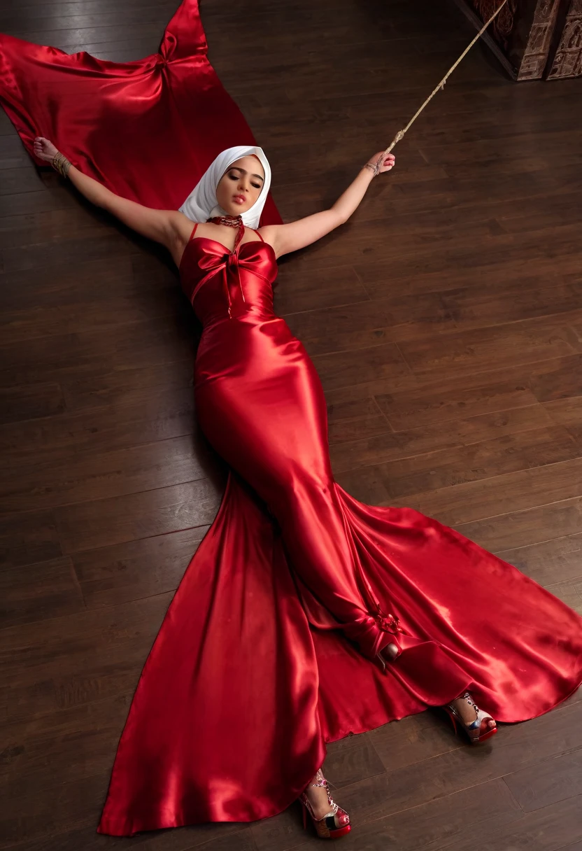 a woman in the translucent red silk gown, full body,wear hijab, brest expose, half neked, tiead in satin rope, tied tight,mermaid tight long gown, flowy dramatic long gown, double long satin train 4 meter long ,red satin sheet in flor, laying on floor,wear high heels, masterpice, 4k resolution, ultra-realistic, highly detail.