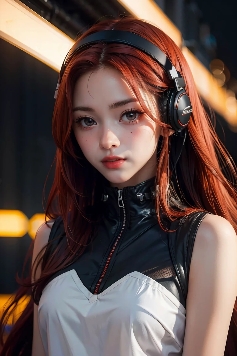 girl with long red hair, red eyes, futuristic vibes, mask on mouth, headphones, 8k, high quality, simple background, glowing eyes, nice pose