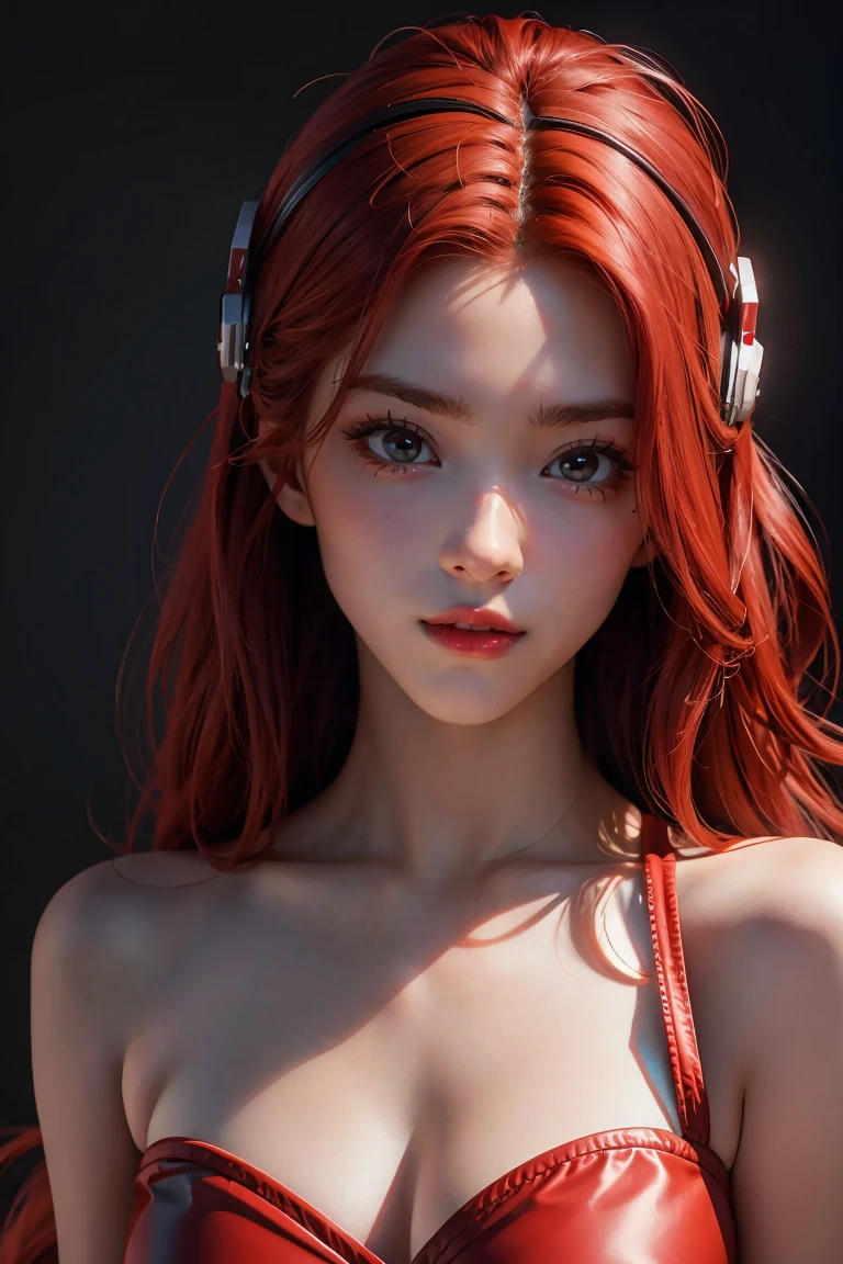 girl with long red hair, red eyes, futuristic vibes, mask on mouth, headphones, 8k, high quality, simple background, glowing eyes, nice pose