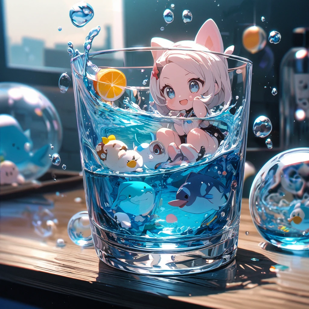 Very detailed, 8k, Glass, Water in a Glass, Glassクリスタル, bubble, Right blue water, Nice, bright、Cute Characters、splash