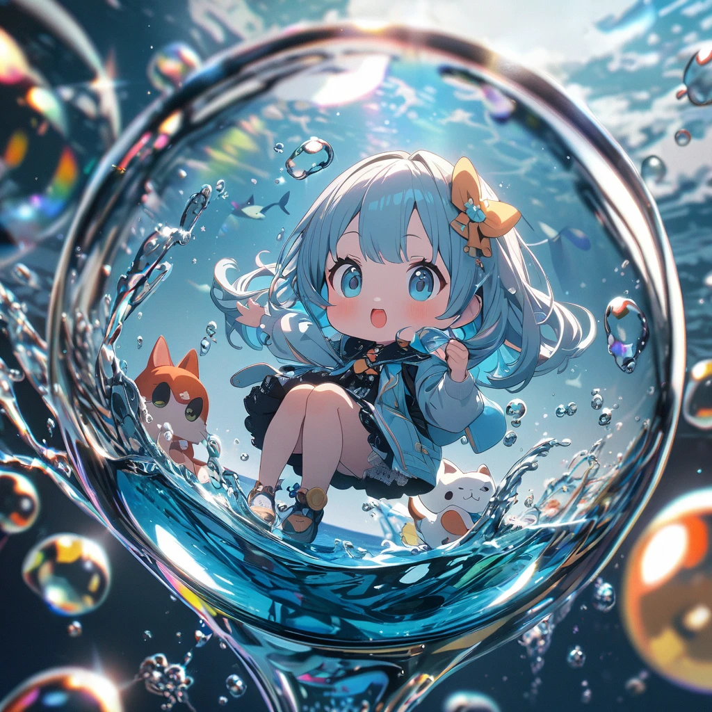 Very detailed, 8k, Glass, Water in a Glass, Glassクリスタル, bubble, Right blue water, Nice, bright、Cute Characters、splash