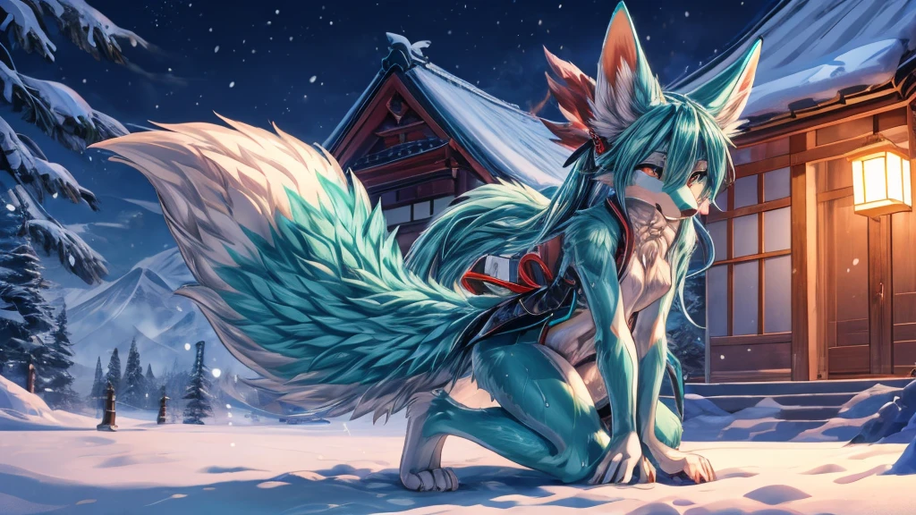 The best quality, Japanese adolescent hatsune miku x kitsune , fox face elongated snout add-detail, Surprise face, sweaty body, heated add_detail,, kitsune warrior in the snow add_detail:1, Whole body, barefoot add_detail:1 